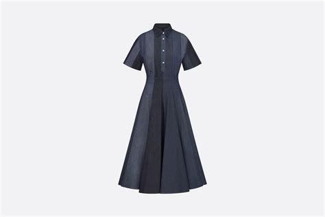 Flared Shirt Dress Blue Cotton Lightweight Denim with Patchwork 